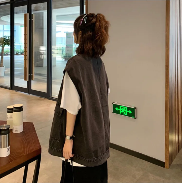 Coletes jeans femininos sem mangas jaqueta y2k streetwear único breasted casacos cardigan bolsos high street outerwear solto primavera