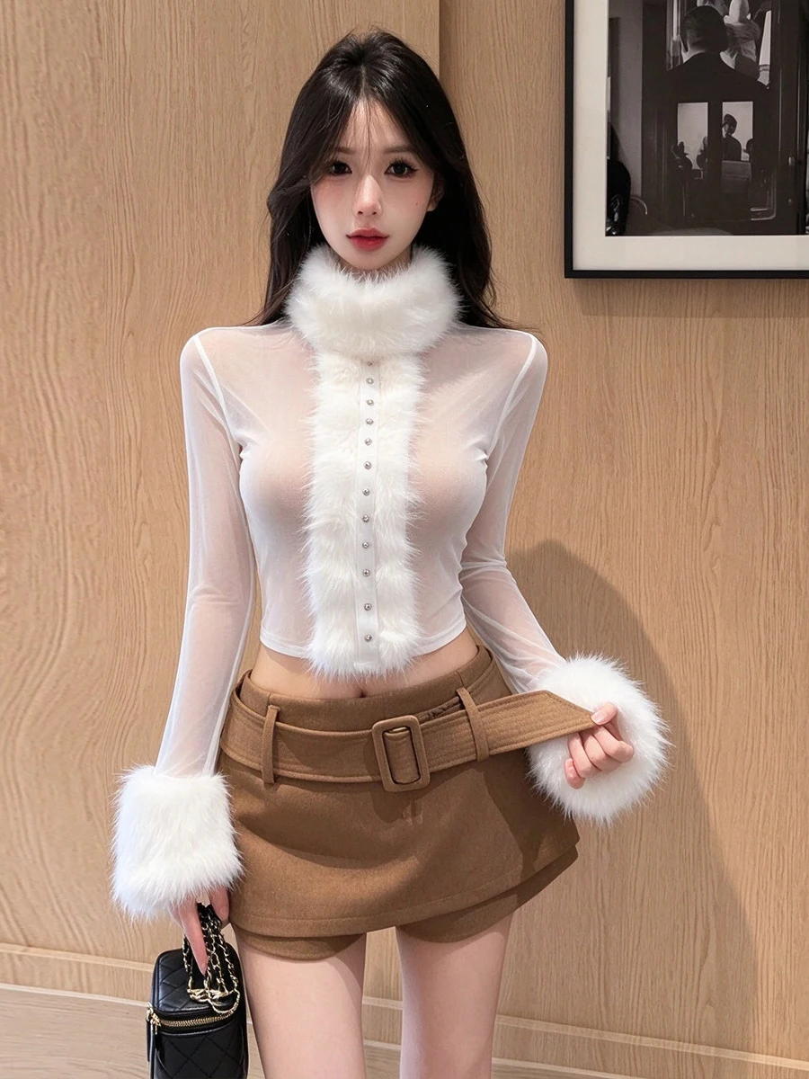 Slimming Mesh See-through Long Sleeve Straight Cut Midi Skirt Set Sexy Vintage Retro Style Student Work Uniform Fashion Set