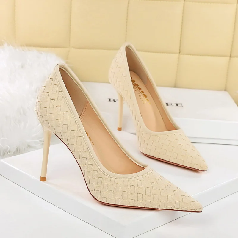

BIGTREE Woven Plaid High Heels Flock Fashion Lady Women's Pumps Stiletto 10cm Office Dress High Heeled Shoes Beige Brown