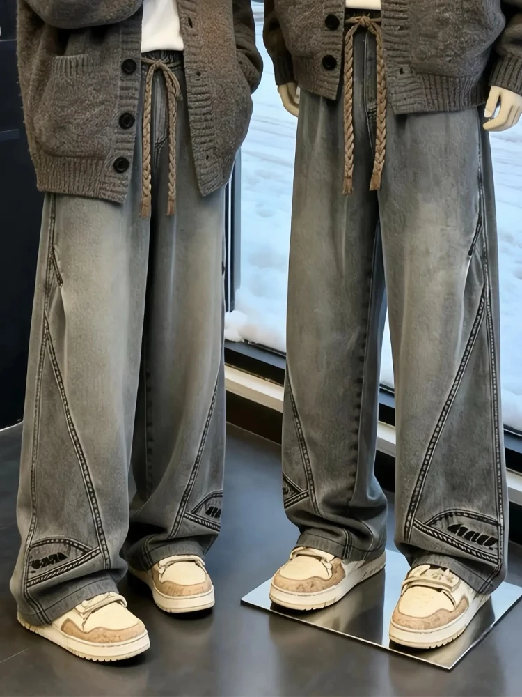 

American Sle Wide Leg Men's Jeans Trendy Straight Cut Loose Retro Versatile Cleanfit Casual Faionable Urban Wear