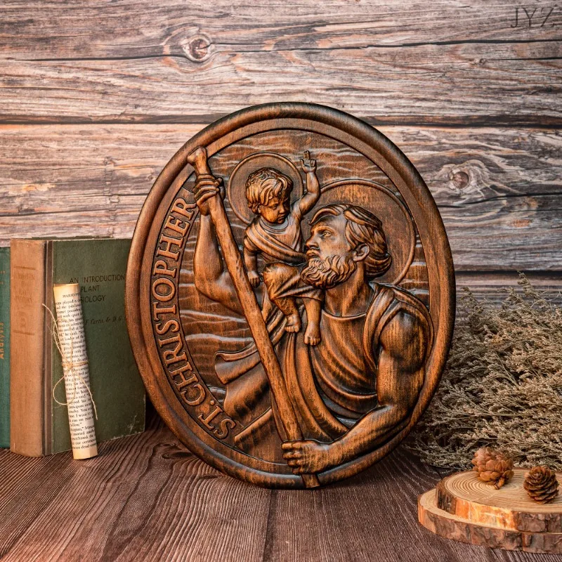 

St. Christopher Wood Carving Plaque, Traveler's Patron Saint Statue, Wood Sculpture, Home Wall Decor