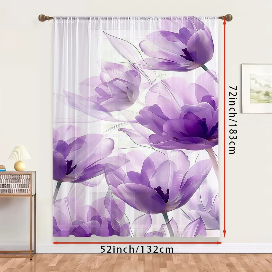 1PC Sheer Curtain Purple Tulip Transparent Watercolor Print, Rod Pocket Window Curtain for Living Room Elegant Decor