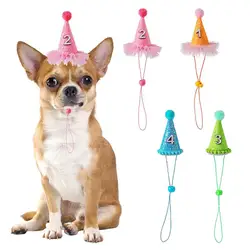 Pet Birthday Hat Festive Mesh Lovely Cat Party Hat Dog Costume Cap With Lanyard Pet Dogs Birthday Hat With Number Dog Favors