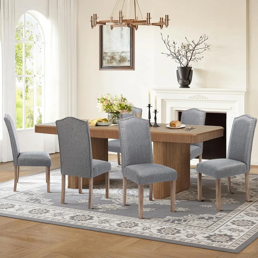 

Upholstered Dining Chair Stylish Parsons Kitchen High Back with Silver Nailhead Trim & Wood Legs, 6-Pack, Fabric Classic Grey