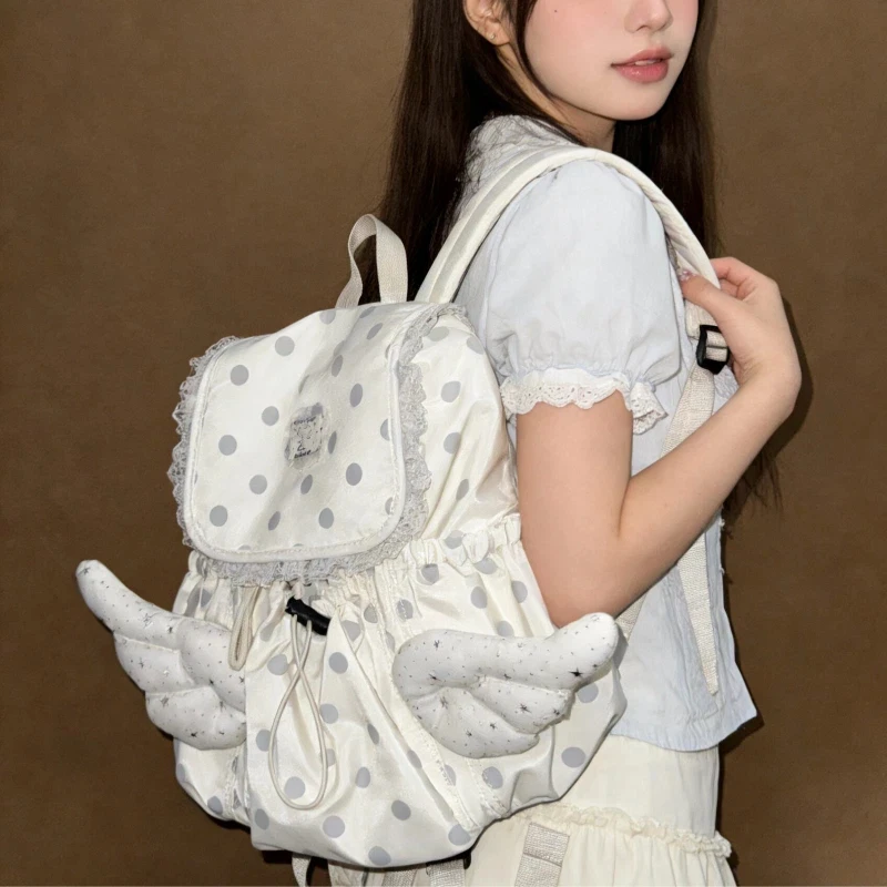 Trendy Backpack Korean Sweet Polka Dot Angel Wing Backpack,drawstring Nylon Backpack Large Capacity Ultralight Student Schoolbag