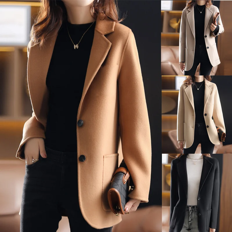 Casual Streetwear Women Jackets Two Buttons Women Loose Wool Overcoat Elegant Lapel Solid Pocketed LadiesCoats For Autumn Winter