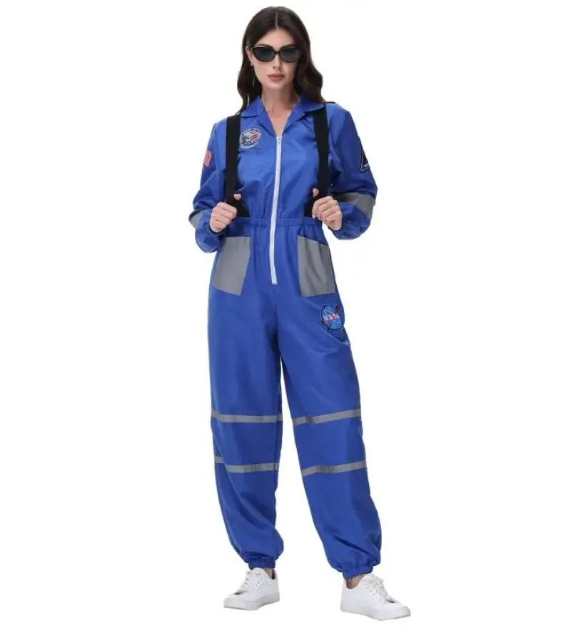 宇宙飛行士宇宙飛行士ブルーフルボディジャンプスーツ大人の宇宙飛行士ハロウィンカーニバルパーティーファンシーコスプレ女性飛行宇宙衣装