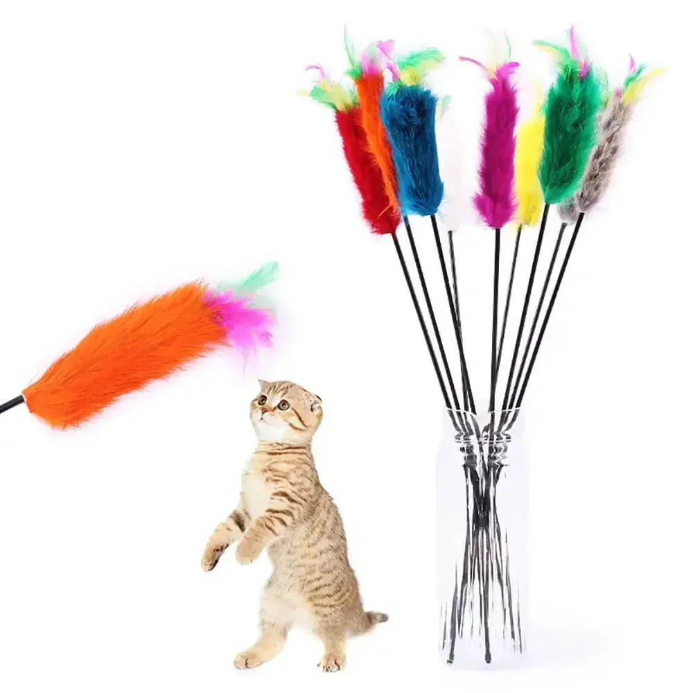 YUEHAO Kitten Cat Teaser Interactive Toy Rod With Feather 011112 Long rod colorful Multicolor