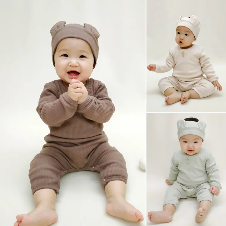 Newborn Boy Romper New Ins Spring Autumn Solid Long Sleeve Exterior Cotton Horn Button Infant Boys Jumpsuit Newborn Boy Bodysuit