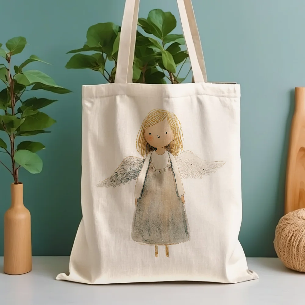 Bolso de lona con estampado de alas de ángel, adecuado para uso diario, compras, escuela y viajes.