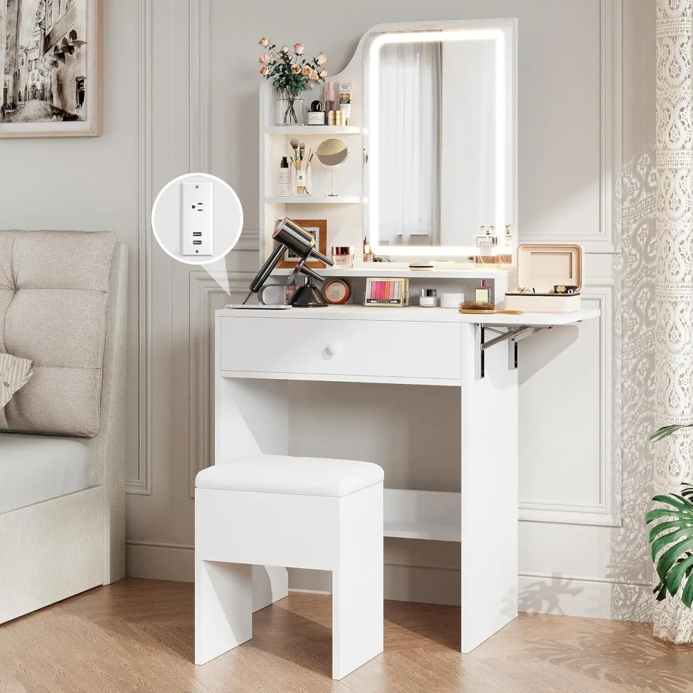 

Small dressing table with mirror and light, dressing table with charging station, compact dressing table with storage box