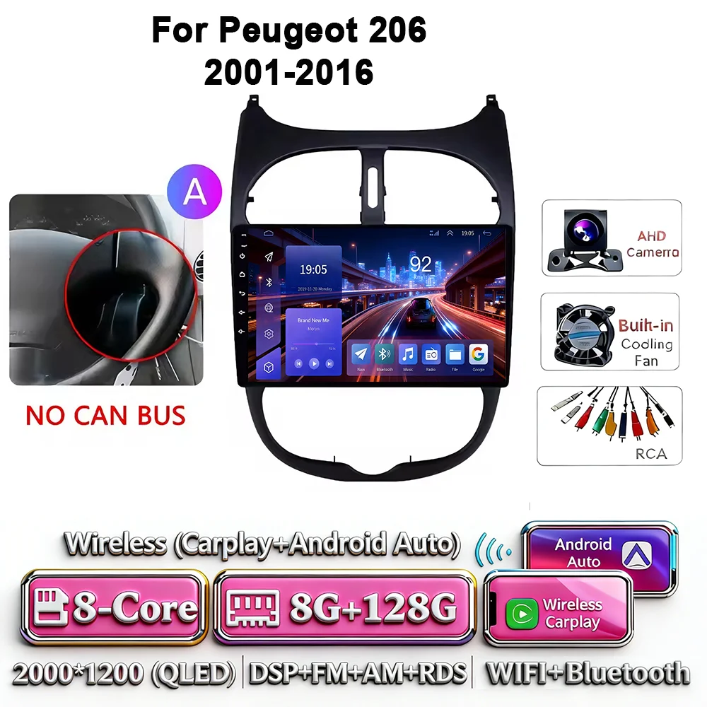 Android 17 Carplay Android Auto 4G WIFI autoradio voor Peugeot 206 2001-2016 GPS DSP BT touchscreen multimediasysteem navigatie stereo