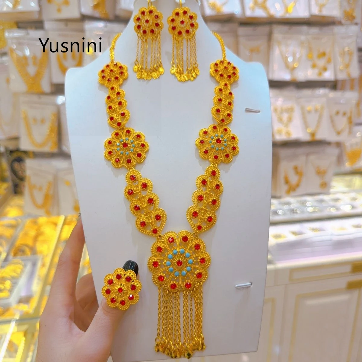 

New Fashionable Luxury Dubai France 24K Gold Plated Necklace Earrings Exquisite Wedding Party Jewelry Set for Lovers 666