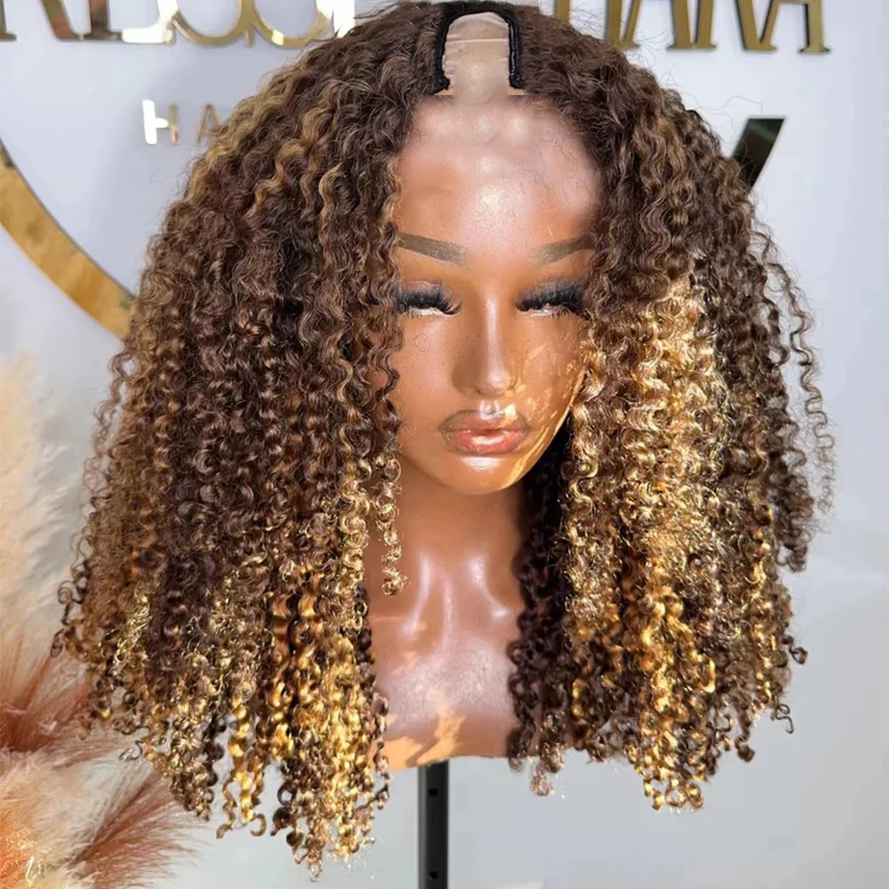 Highlight Honigblond Braun Afro Kinky Curly V-Part Echthaarperücken für Frauen Remy Haar Vollständig maschinell gefertigte, kleberlose U-Form Perücken – Detail 4