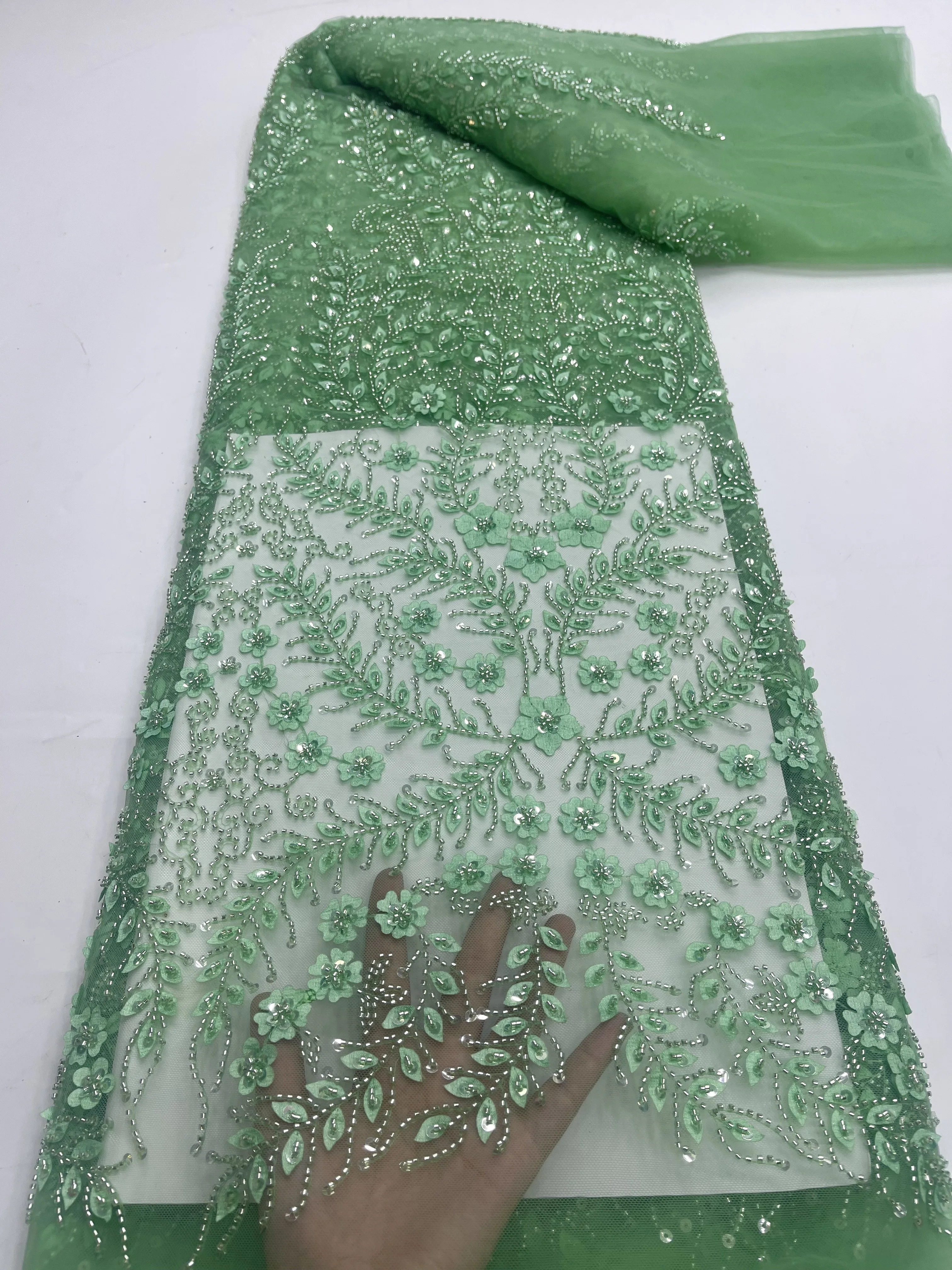 

Luxury Beaded Lace Fabric 5 Yards Beads Hand Green Lace Fabric Embroidered African Nigerian Sequins Lace Fabric For Sewing Jy