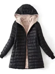 Jaqueta de algodão com capuz médio para mulheres, leve, forro luxuoso, monocromático, parka, zíper feminino solto, outwear, senhoras, outono, inverno, 2023