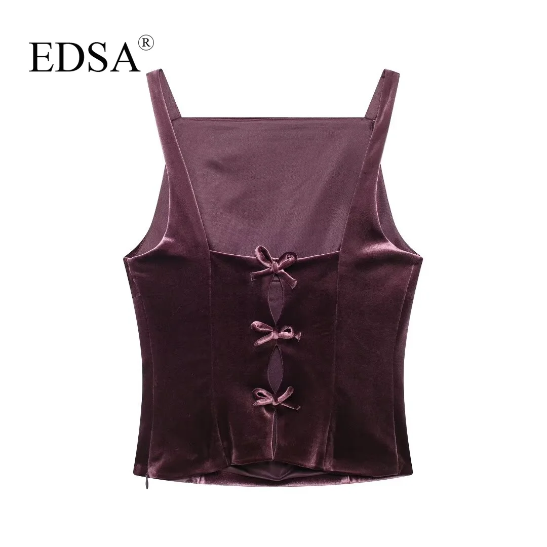 EDSA Women Maroon Tank Top with Back Bow Straight Neckline Thin Straps Invisible side zip Blouse Camis