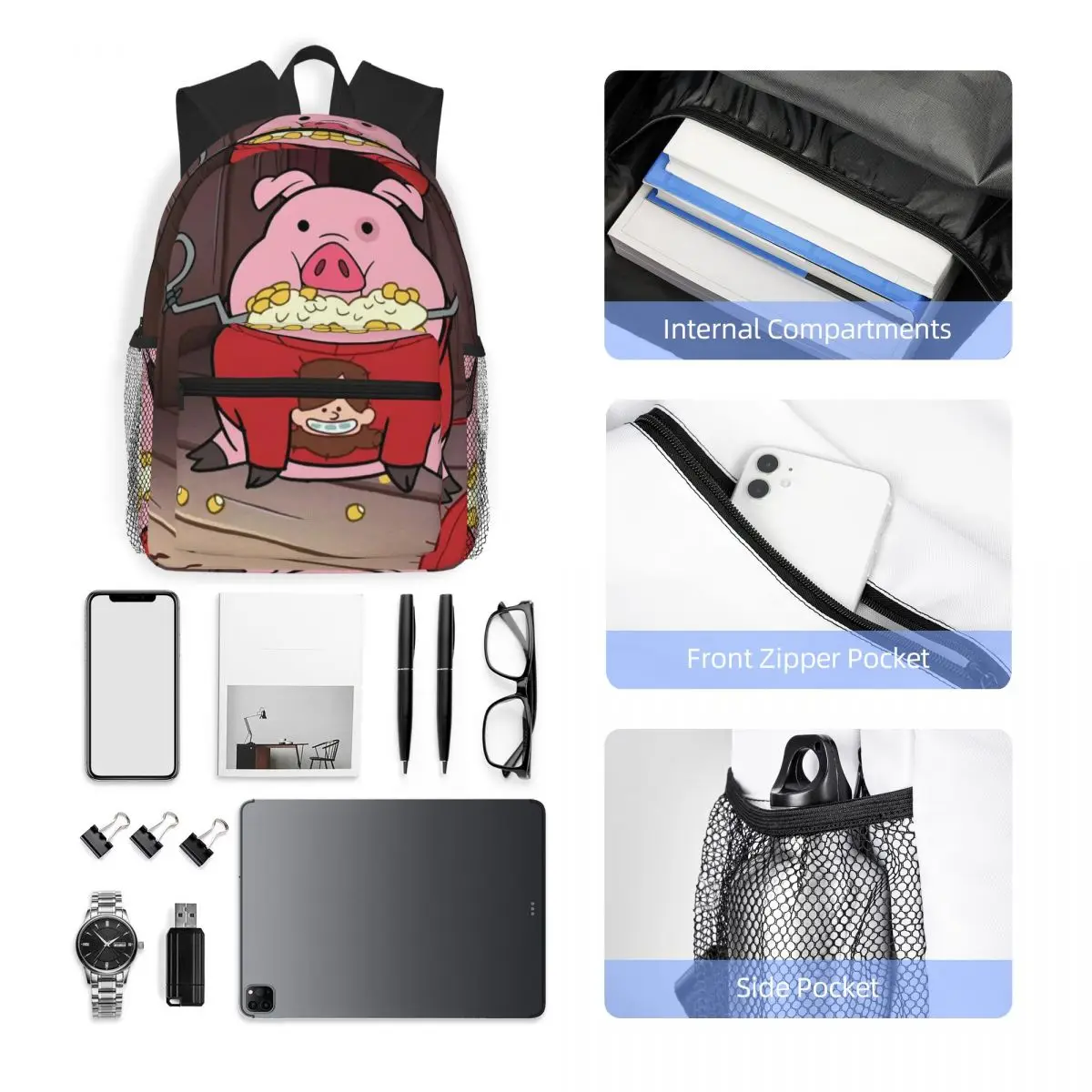 Lindo mascota cerdo Waddles dibujos animados estudiante mochila escuela bolsa senderismo viaje mochila para niños niñas moda mochila bolsos de hombro
