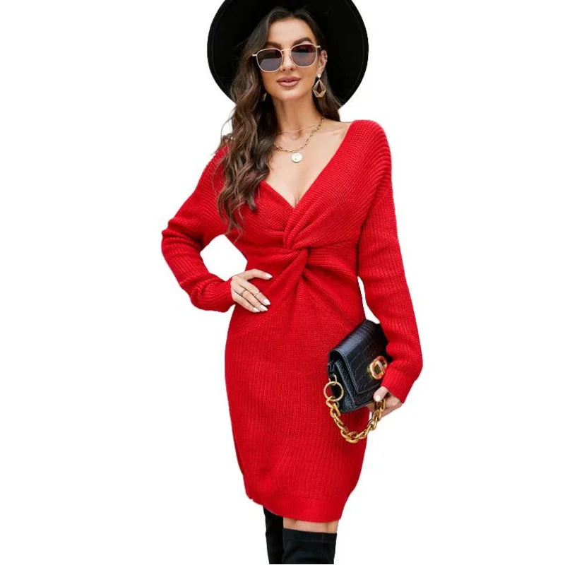 Superior Quality Autumn Winter Sweater Women's Feel Bag Hip Long Knitted Sweater Solid Color Bareback Twisted Dress Sweater