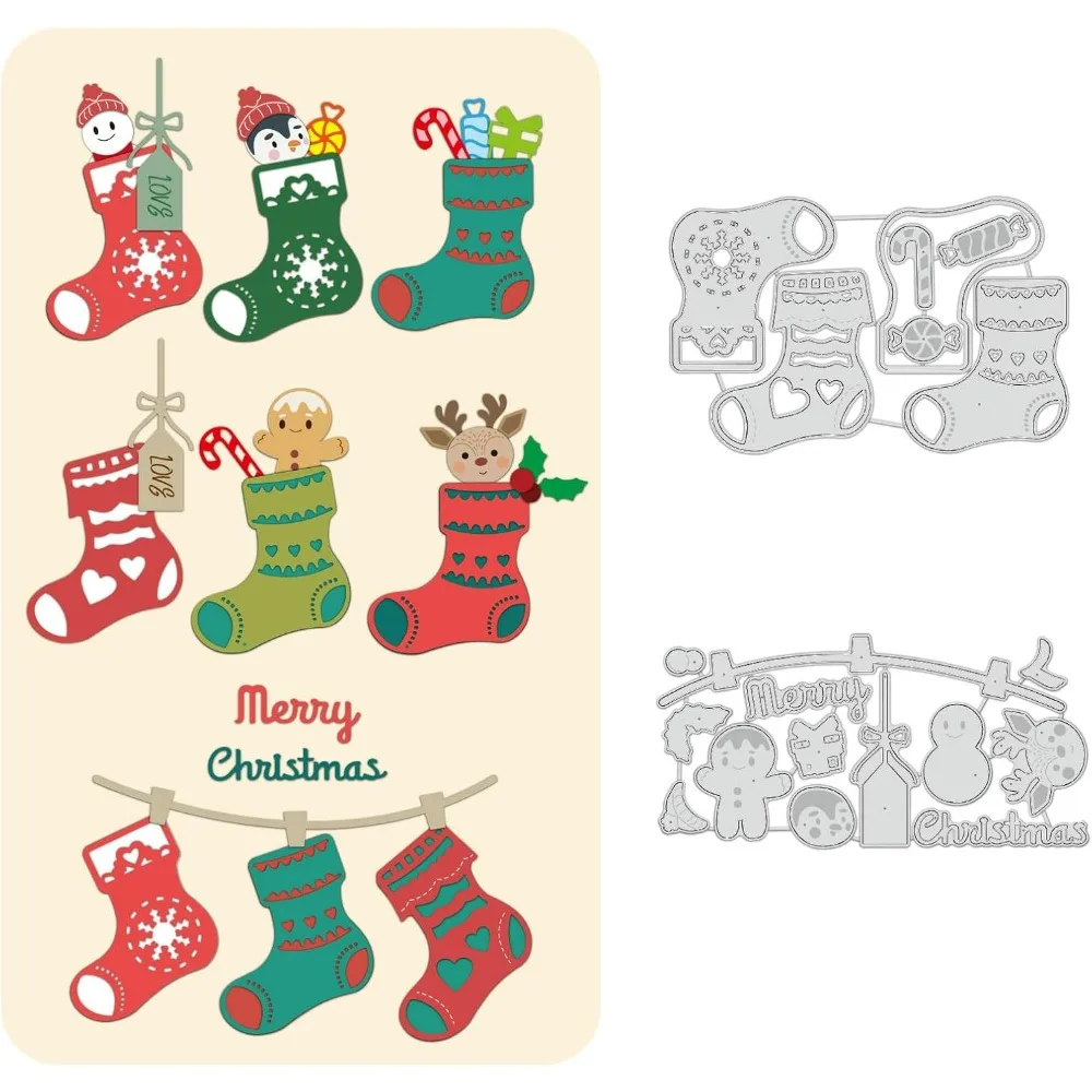 2Pcs Christmas Cutting Dies Stencils, Christmas Stockings, Snowman, Elk Gingerbread Man Carbon Steel Stencil for Card Making,