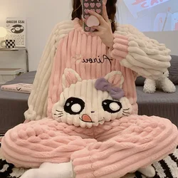 Autumn Winter Warm Flannel Women Long Pajama Sets Thick Coral Fleece Cute Girl Cartoon Sleepwear Flannel Female Pajamas Fashion