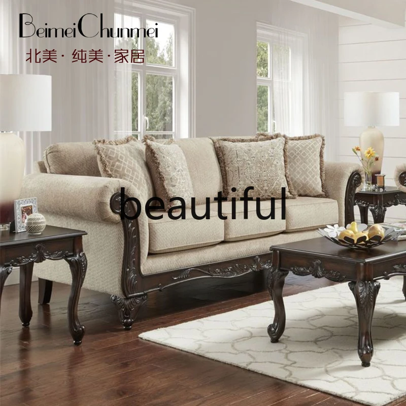 Medieval American solid wood carving flower retro imported fabric coarse hemp three-person down soft sofa living room sofa
