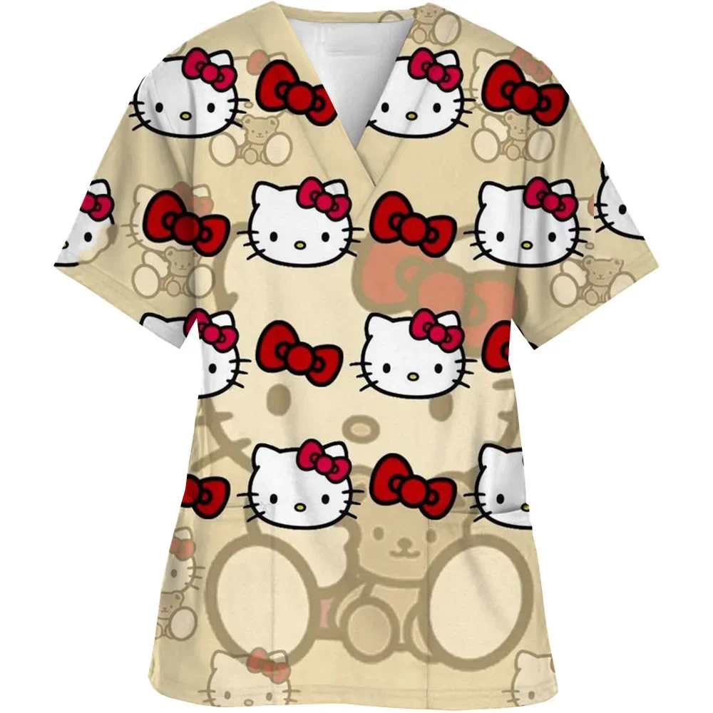 Kawaii Scollo A V Infermiera Uniforme Scrub Top Delle Donne Del Fumetto di Hello Kitty Carino Stampa Manica Corta Tasca Uniformi Infermieristiche Mediche