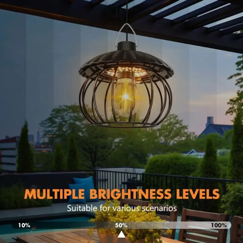  Metal Cage Solar Hanging Light with Separate Panel for Patio Walkway, Fence Side, Porch, and Outdoor Entry Use
