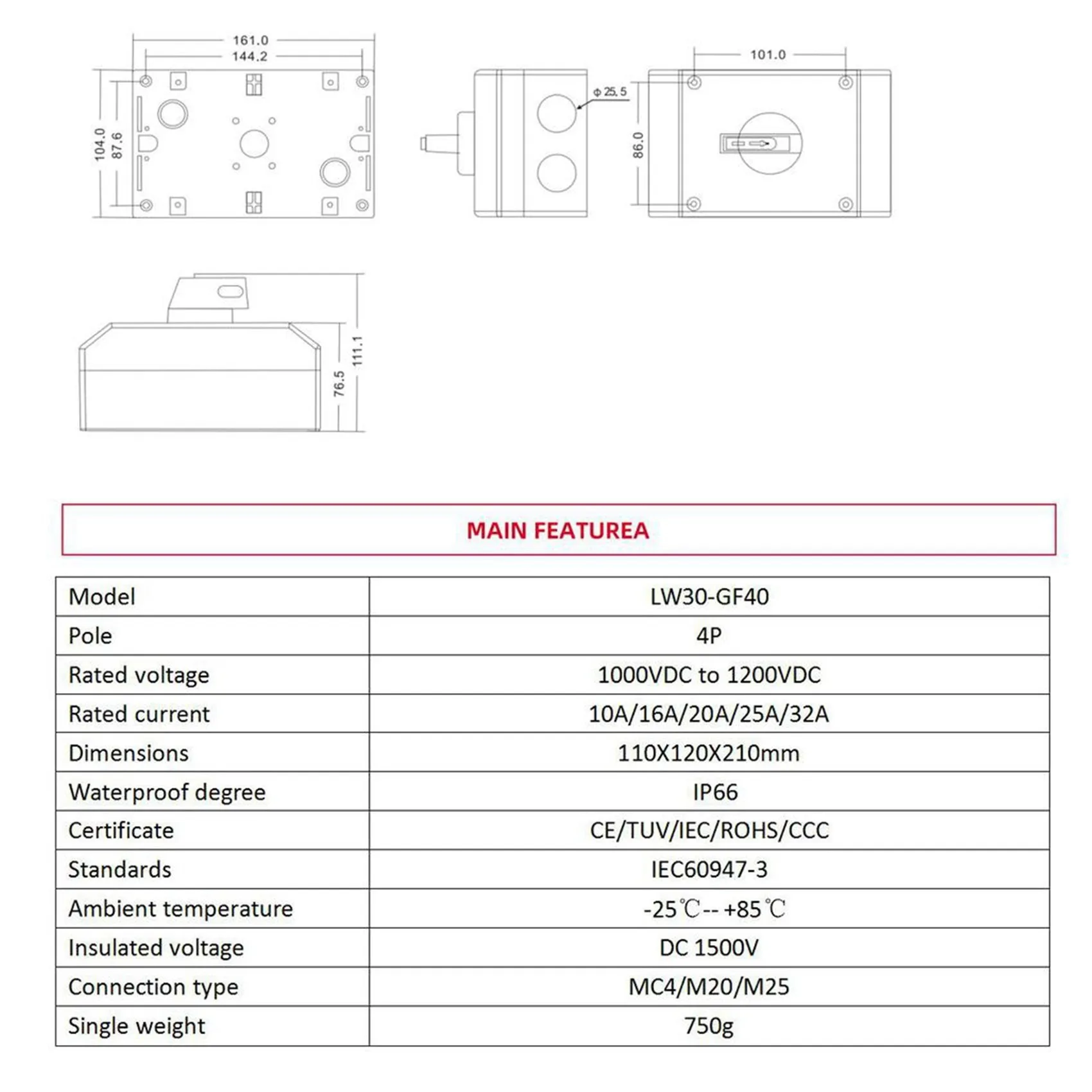 Y22A-32A 4P PV مفتاح فصل + موصل + وجع DC1200V GF40 في الهواء الطلق IP66 مقاوم للماء كلبشة التبديل مفتاح دوار