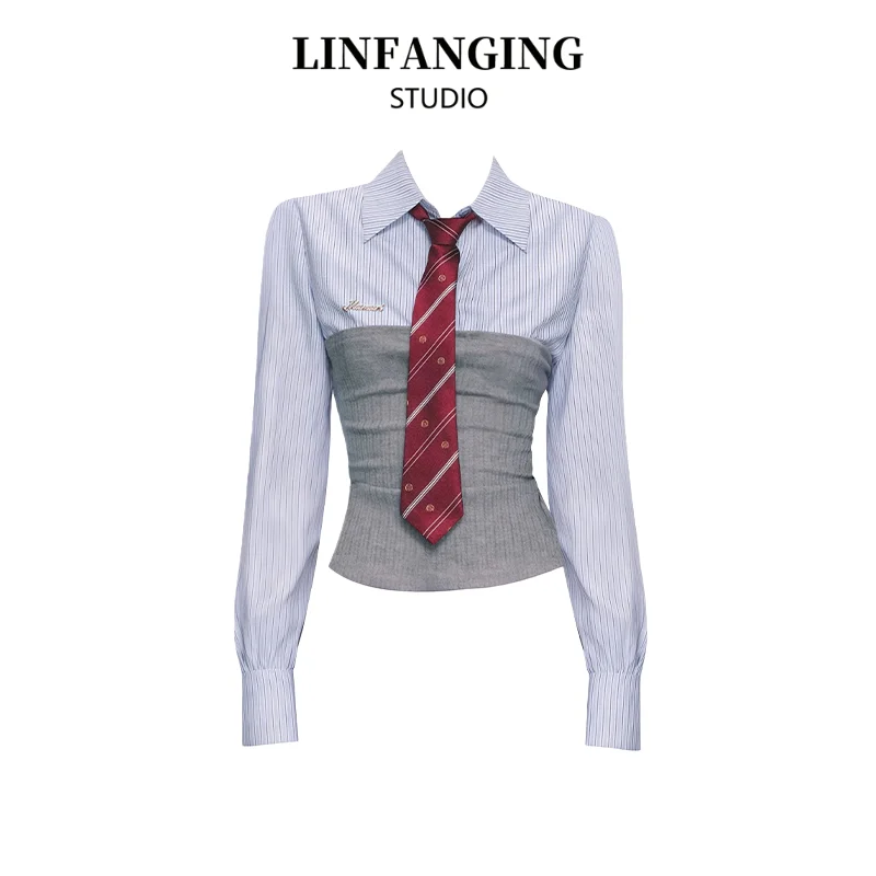 Women Striped Blouses and Shirts Elegant Vintage Japanese Preppy Style Y2k Gyaru Oversize Blouse Long Sleeve Shirt 2026