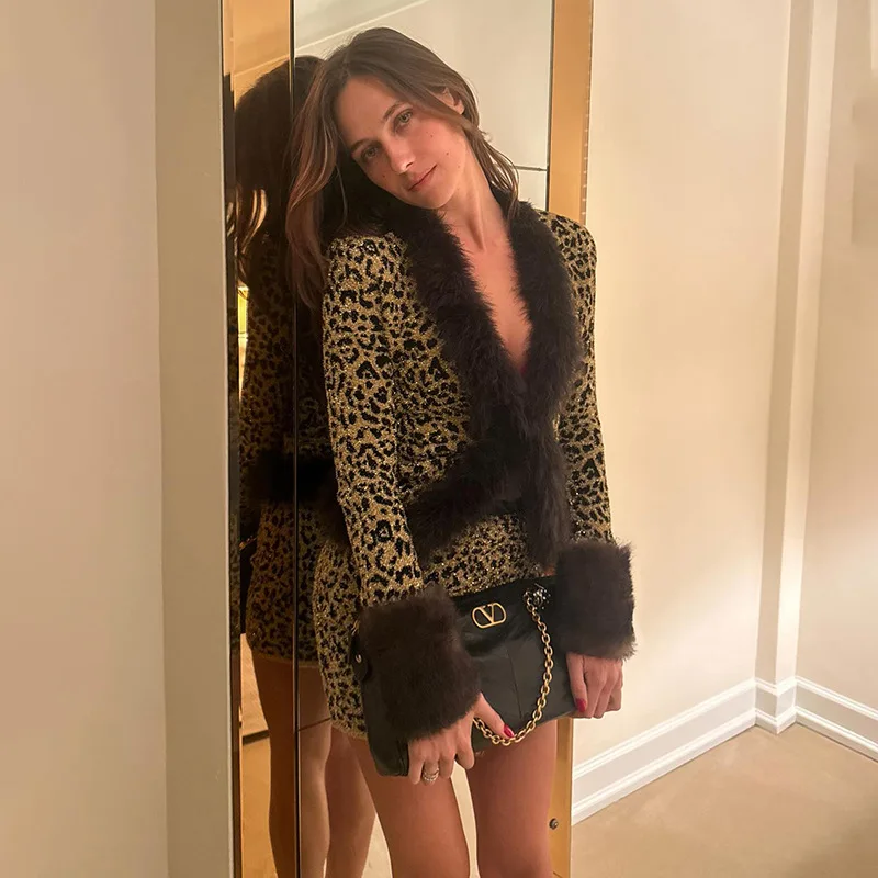 

Пушистый лоскутный блестящий леопардовый модный комплект из 2 предметов, женский сексуальный кардиган с длинными рукавами, топы + облегающие мини-юбки, повседневная уличная одежда