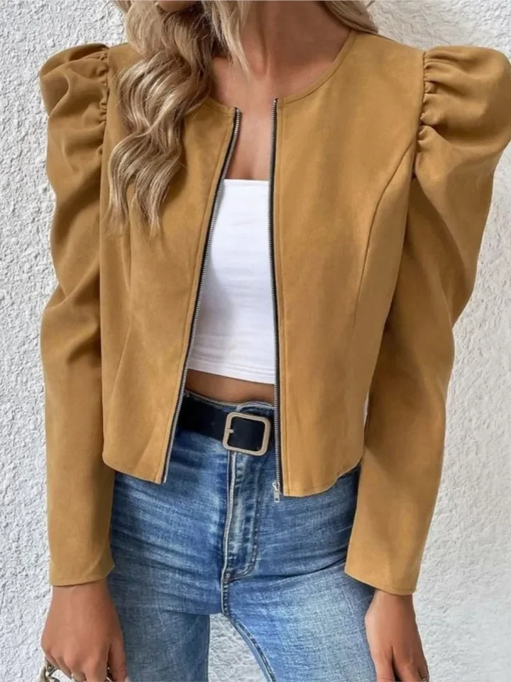 Women Slim Coat Autumn Spring Solid Color Round Neck Zippered Puff Long Sleeve s For Women 2024 Elegant Streetwear