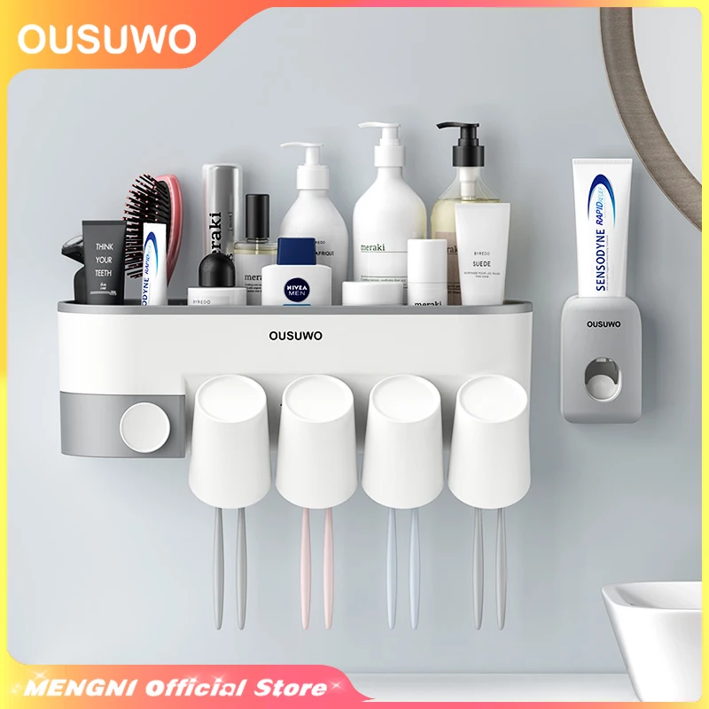 Bathroom Toothbrush Holder Organizer with Cup Toothpaste Squeezer Dispenser Wall Storage Rack Bathroom Accessories set