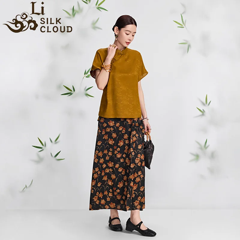 LI SILK CLOUD xiangyunsha Short Sleeve Blouse - Mulberry Silk Fabric Chinese Style Casual Guangdong Black Pearl  Guangdong Gauze
