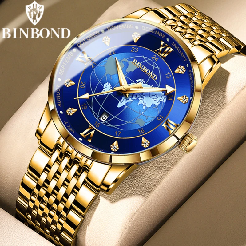 BINBOND B0117 Top Luxury Quartz Men Watches Business Calendar Luminous Stainless Steel Waterproof Fashion Casual Men Wristwatch