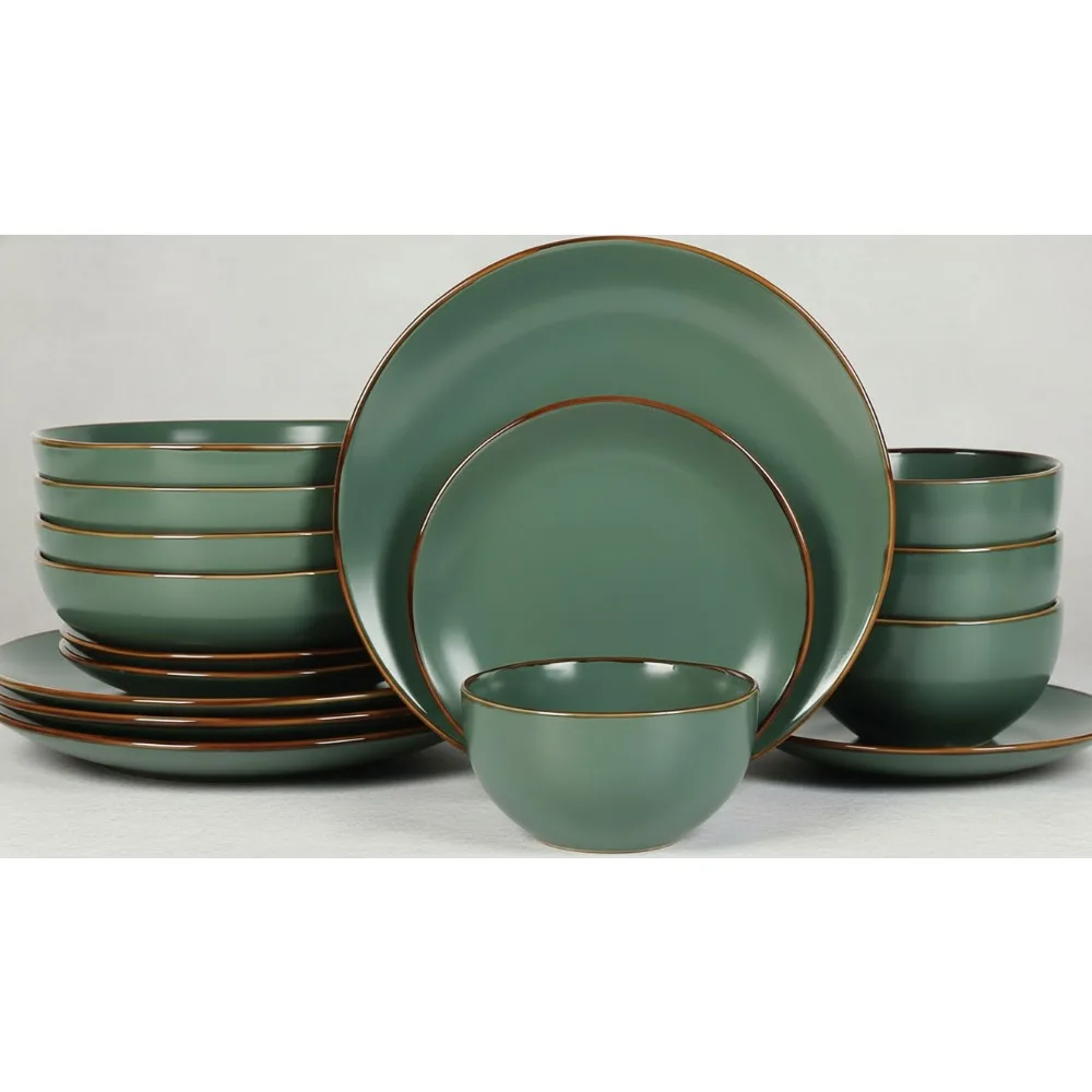 

Modern Stoneware 16-Piece Dinnerware Set for 4, Green Plates Bowls Dishwasher Microwave Safe