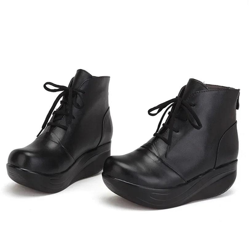 TIMETANG    Solid Black Women Boots Lace Up Genuine Leather Winter Boots Warm Wedges Platform Swing Shoes Big Size Short Shoes