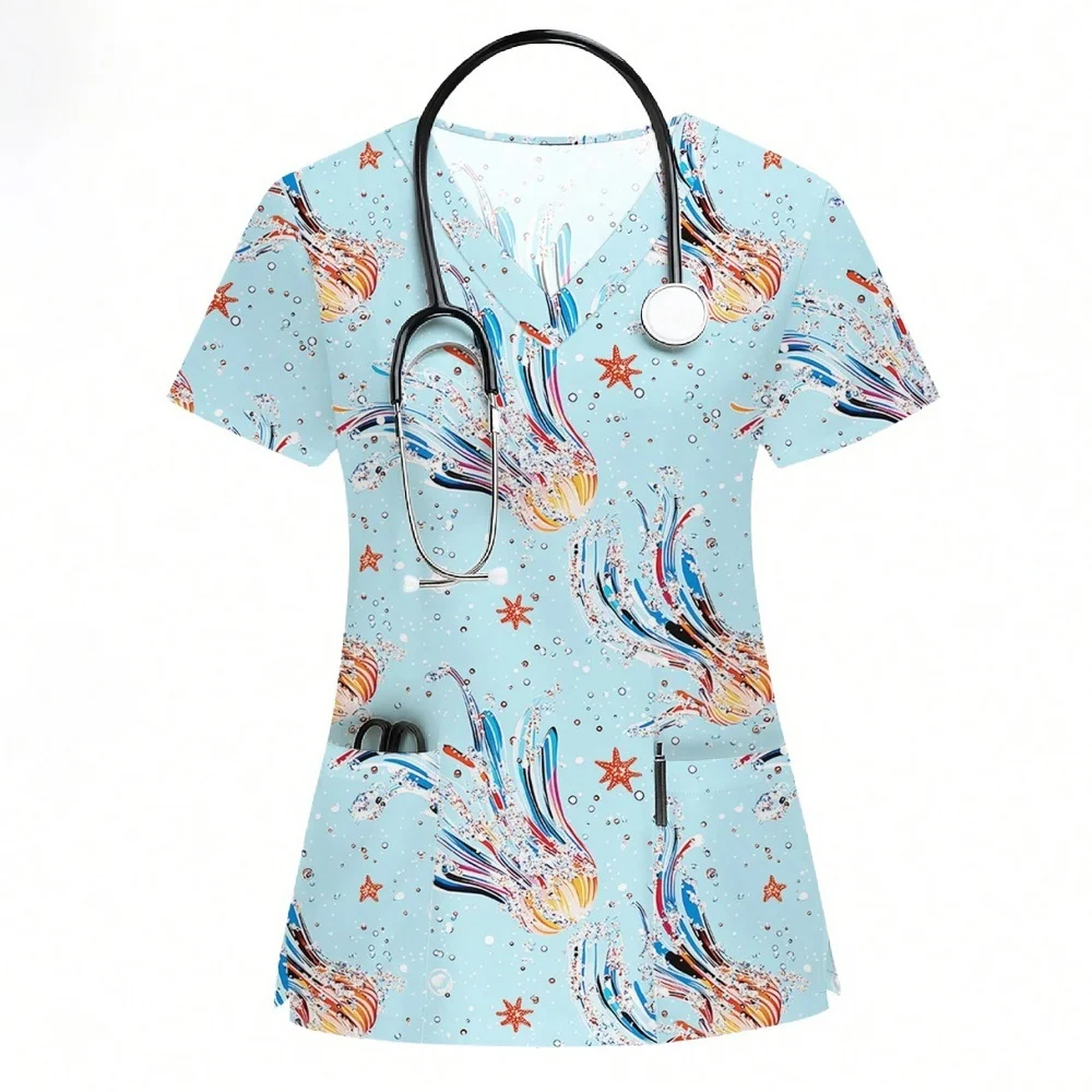 

Uniform Nurse Cat Print Scrub Tops Pet Shop Medical Uniforms Nurse V-Neck Shirt Nursing Accessories Doctor Scrubs Clothes 2025