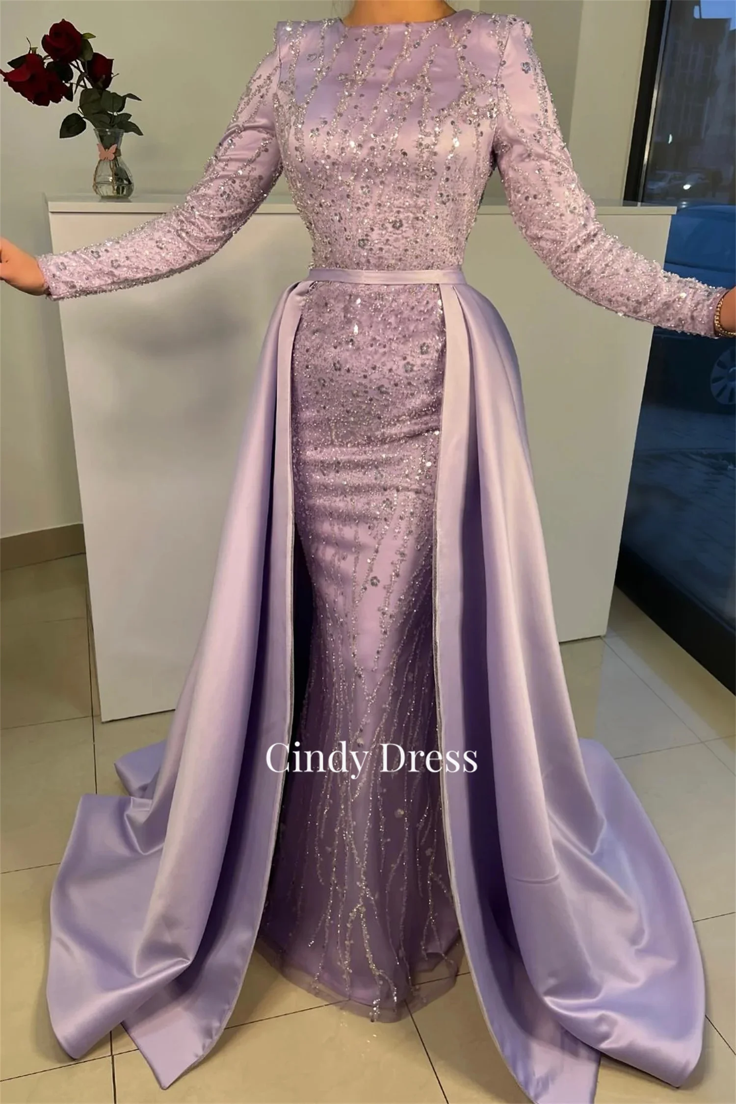 Cindy Lavender Beaded Satin Middle Eastern Removable Large Customized Customized Elegant and Pretty Women\'s Dresses Formal Dress