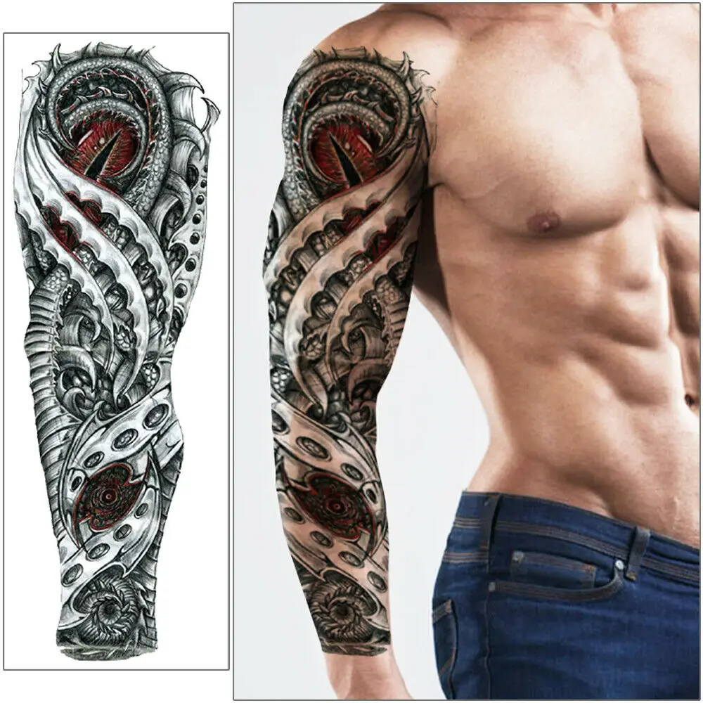 Tatuaje temporal impermeable de brazo completo para hombre y mujer, pegatina de Tigre, León, Ojo de Lobo, arte corporal, manga, Flash, tatuaje de hombro falso