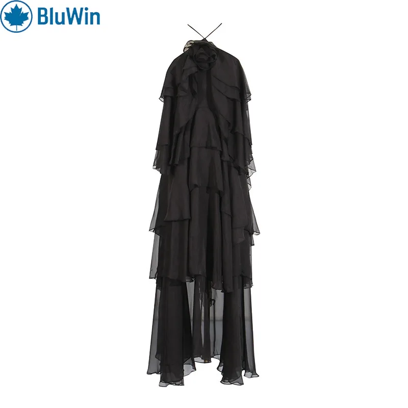 

URBANCHIC 2025 Halter Backless Maxi Dress – Elegant Ruffle Panel Splicing, Summer Socialite Style Long Dress for Women