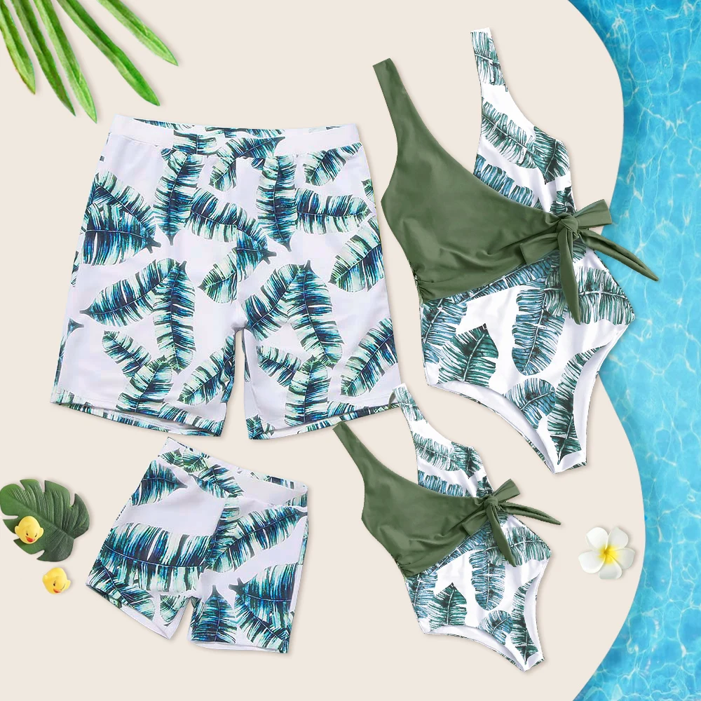 Leaf Swimsuits Family Matching Outfits One-Piece Mother Daughter Swimwear Mommy and Me Bikini Clothes Father Son Swimming Shorts