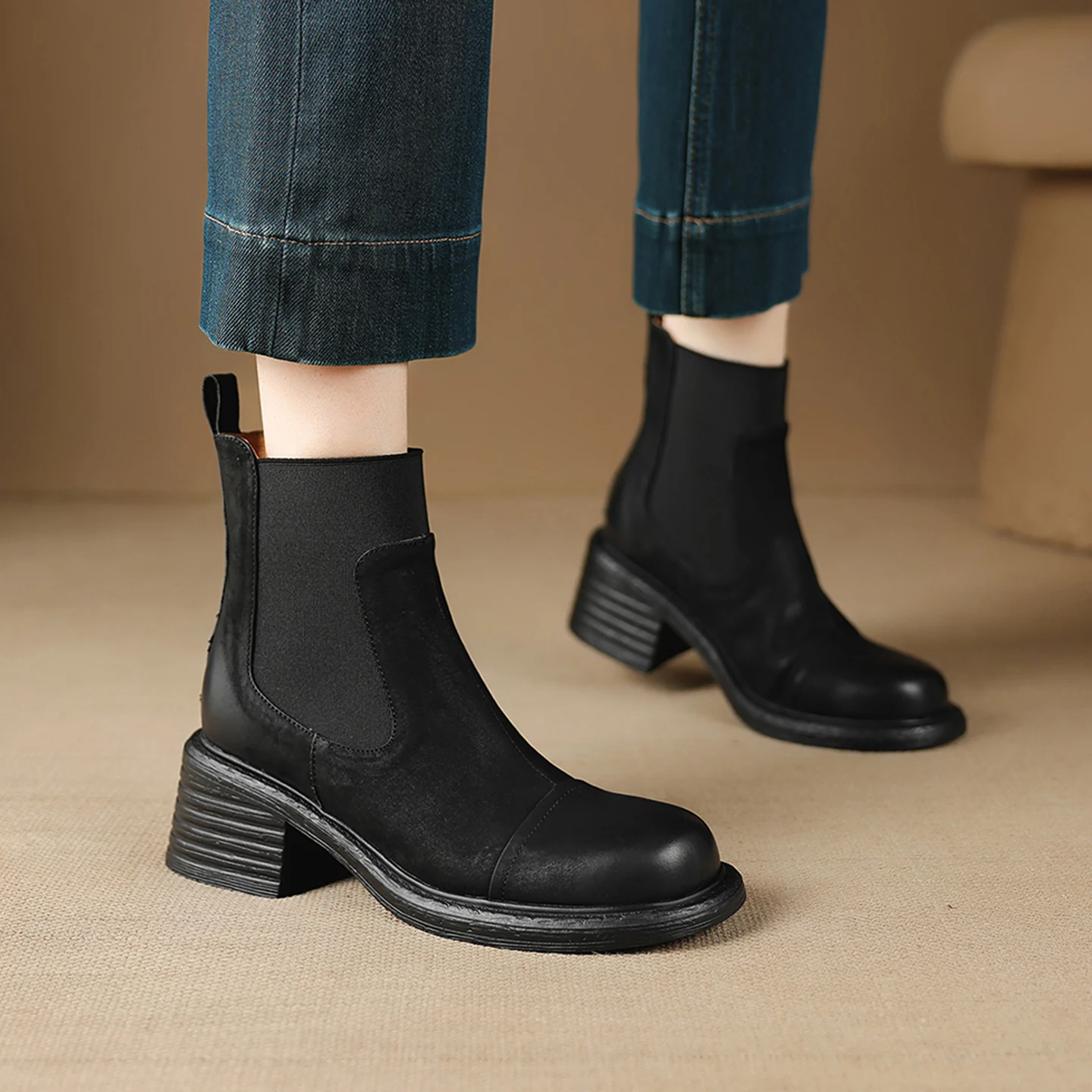 2026 new autumn winter women ankle boots natural leather plus size 22-25cm cowhide round toe thick heel chelsea boots fashion