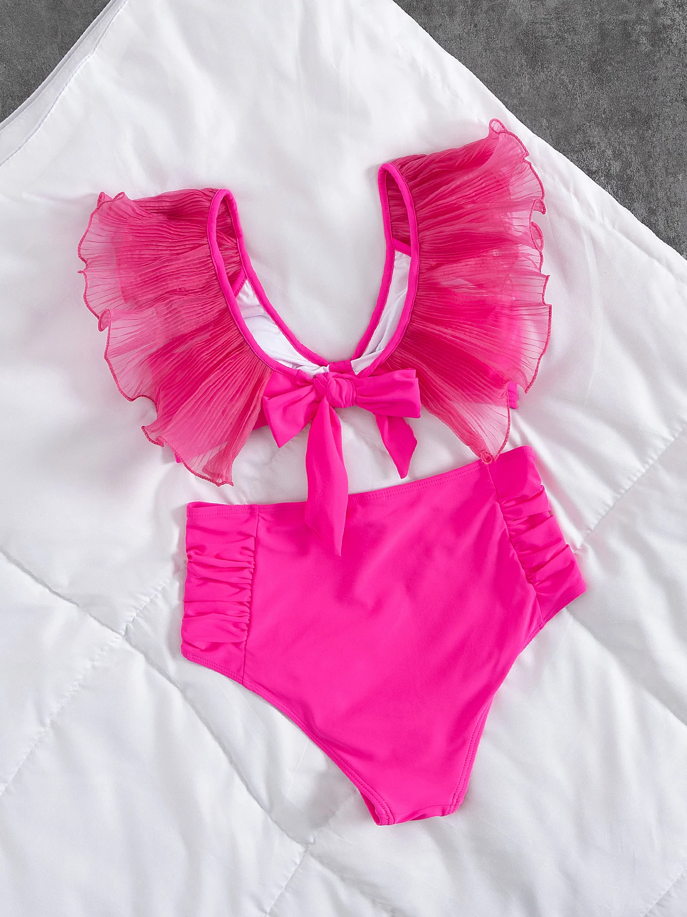 Bikini de cintura alta con volantes y hombros descubiertos para mujer, traje de baño Sexy de encaje, traje de baño para mujer, ropa de playa para vacaciones