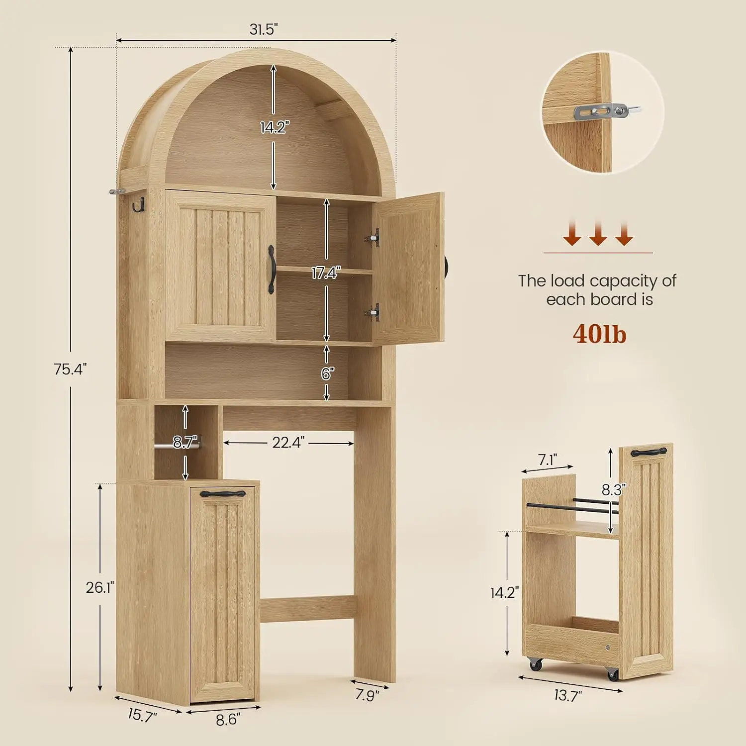 Arched Over Toilet Bathroom Storage Cabinet with Pulley Small Pushcart, Oak, Customized