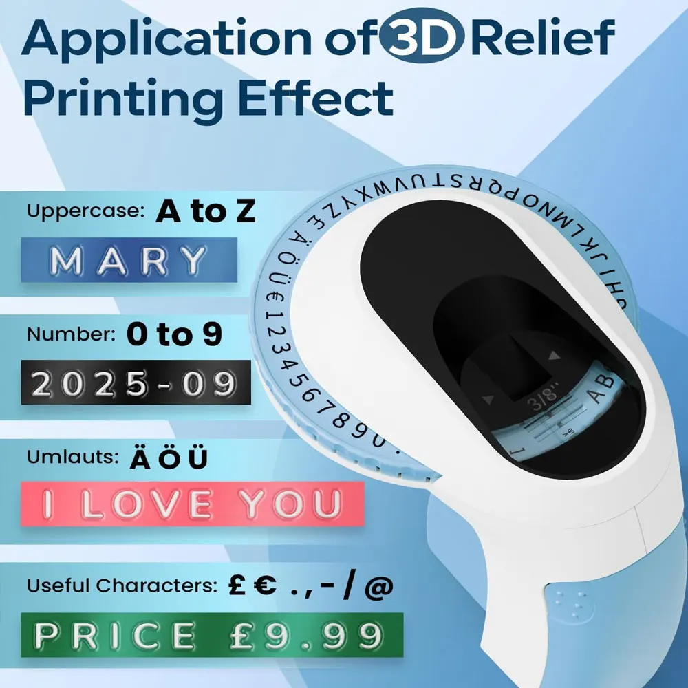ماكينة نقش ثلاثية الأبعاد، ماكينة نقش الملصقات الرجعية، تتضمن 6 لفات من الملصقات المنقوشة، ماكينة نقش الملصقات المحمولة.