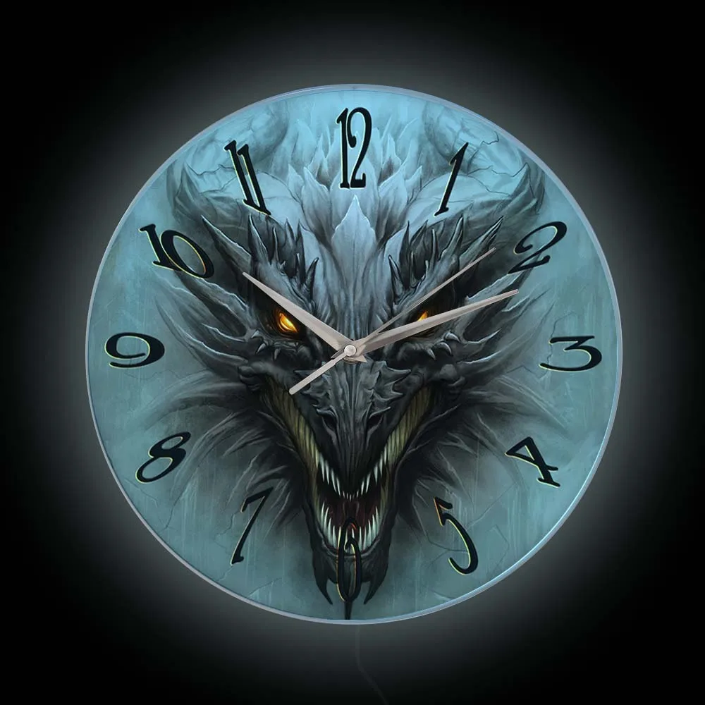 Gothic Evil Dragon Head Luminous Printed Wall Clock With LED Backlight Medieval Fantasy Home Decor LED Night Light Wall Clock