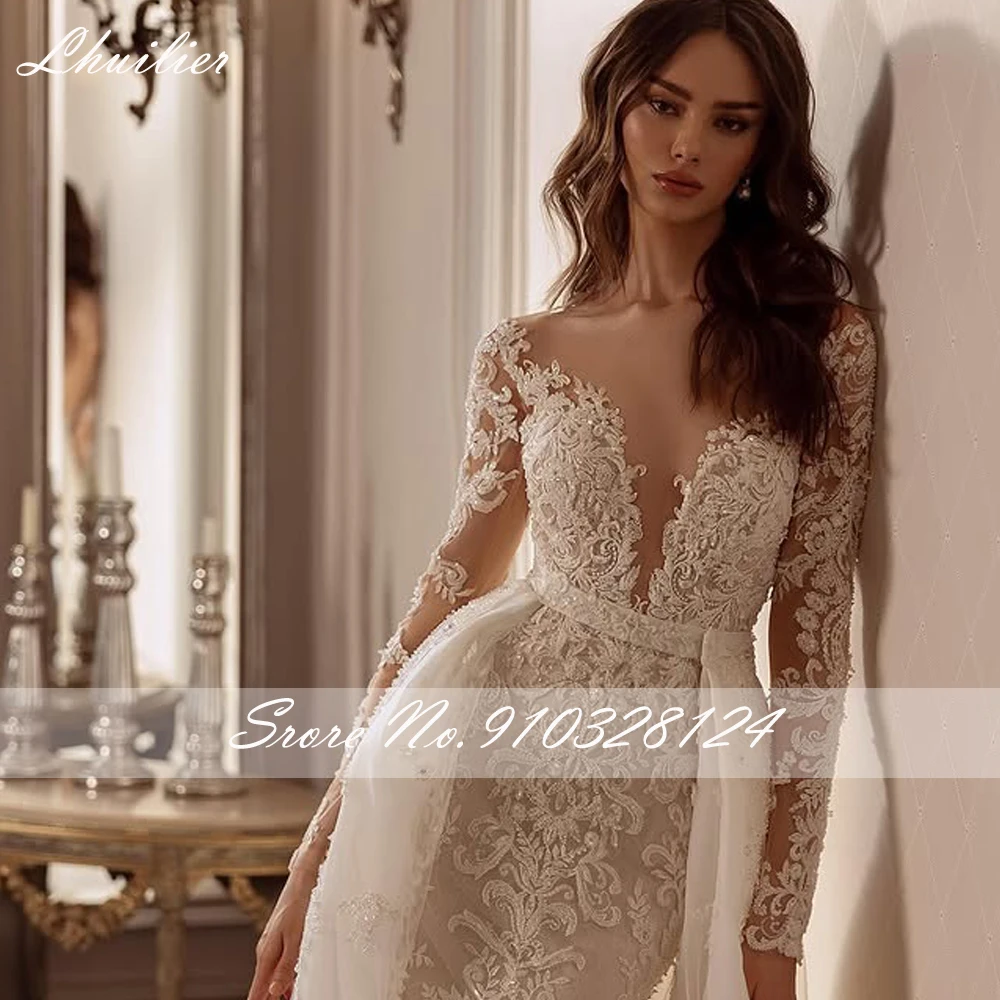 Lhuilier فساتين زفاف حورية البحر 2 في 1 مخصصة بأكمام طويلة دانتيل مطرز بدون ظهر مع ذيل قابل للانفصال