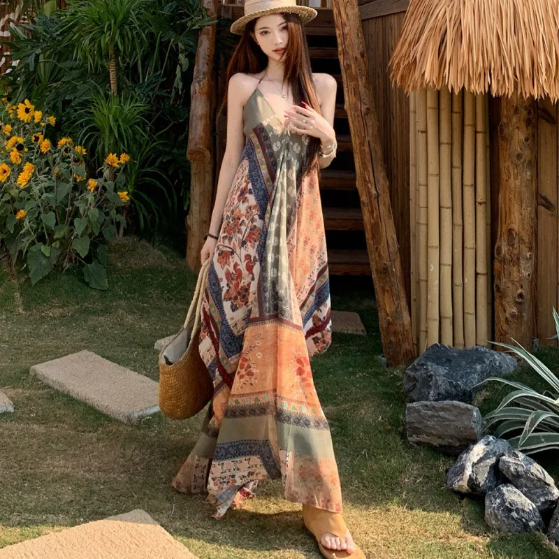 

party dresses Women bohemian maxi dress halter neck spaghetti strap ethnic floral print loose fit casual beach vacation wear