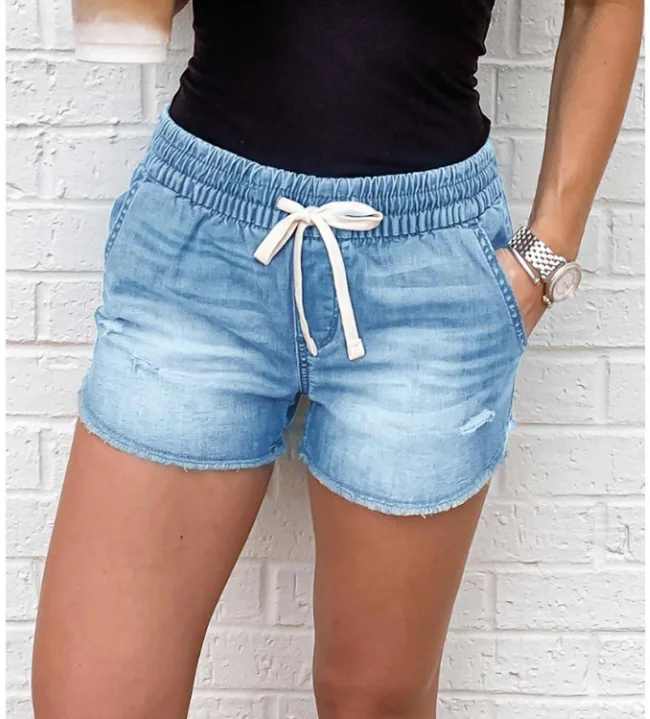 Pantalones vaqueros cortos rasgados para mujer, Shorts de cintura media con cordones, informales, con cintura elástica, Estilo Vintage, 2023